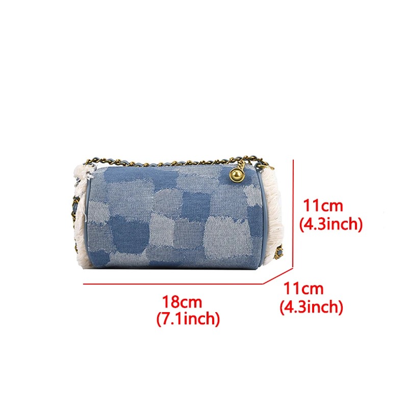 

2021Denim Cloth Cylinder Chain Crossbody Bags For Women Tassel Edge Canvas Shoulder Bag Women's Bag Patchwork Hobo Women Handbag