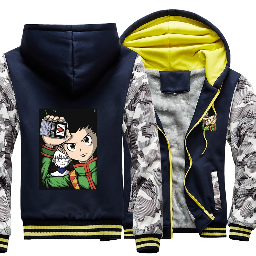 

HunterHunter Japanese Anime Gon Freecss Killua Camo Raglan Thick Hoodies Winter Warm Sweatshirts Coat Men Fitted Street Jackets