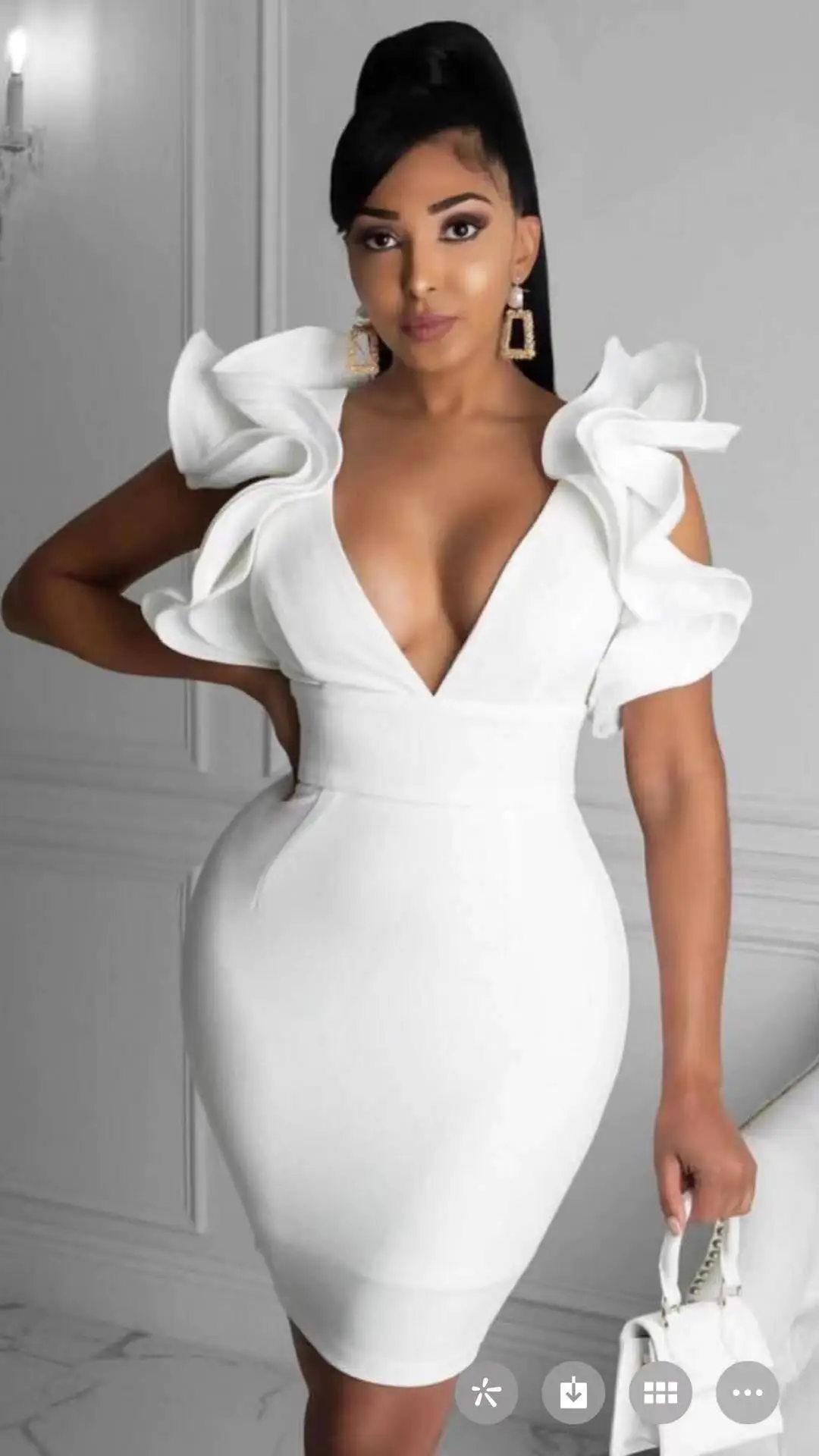 

Women Fashion Sexy Ruffles Deep V Neck Sleeveless White Bodycon Bandage Dress 2021 Elegant Evening Party Dress Vestidos