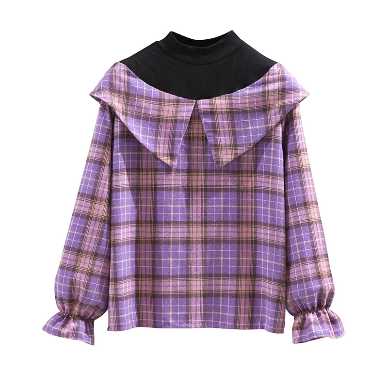 

2021 Spring Autumn Women's Shirts Fake Two Piece Plaid Blouse Long Sleeve Ladies Blause Patchwork Loose Vintage Tops KN97