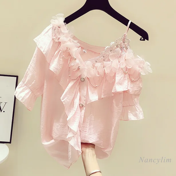 

Cute Ruffled Lace Splicing Sling Off Shoulder Blouse Femme Summer Women's Pink Flower Beaded Shirt White Blusas 2021
