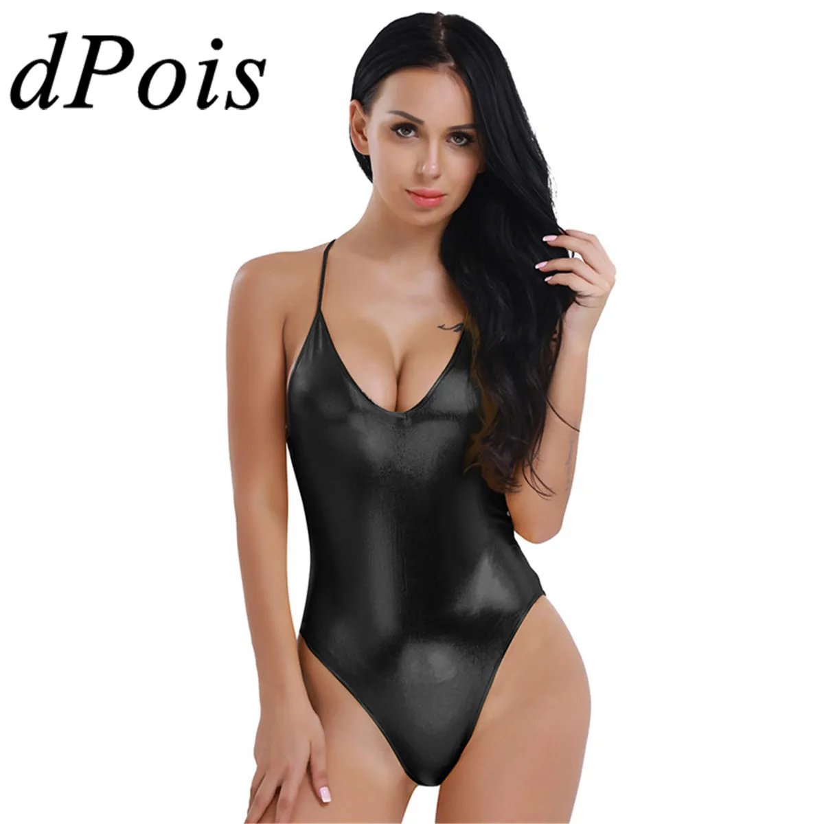 

Womens Bodysutis One-piece Patent Leather Deep V Neck Sleeveless Leotard Female Sexy Lingerie Women's Bodysuit for Gymnastic