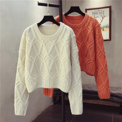 

2021 Autumn And New Winter Around The Neck Crop Sweater Short Retro Diamond Thick Wool Pullover Women's Sweater
