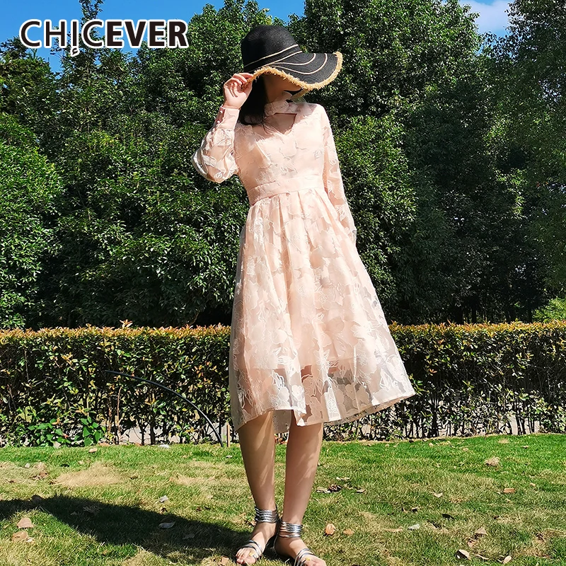 

CHICEVER осеннее платье с цветочным принтом для женщин с воротником-стойкой и длинным рукавом, розовое платье с завышенной талией, женская модн...