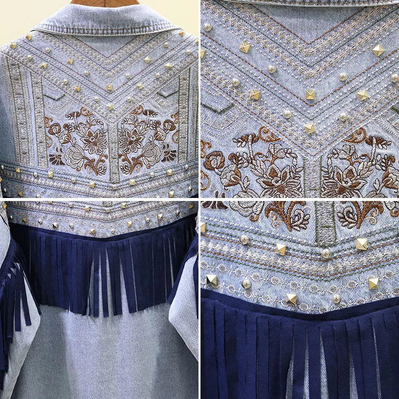 

2020 Autumn New Women Denim Jackets Fashion Rivet Tassel Jeans Coat Vintage Embroidery Overcoat Outwear Plus Size P605