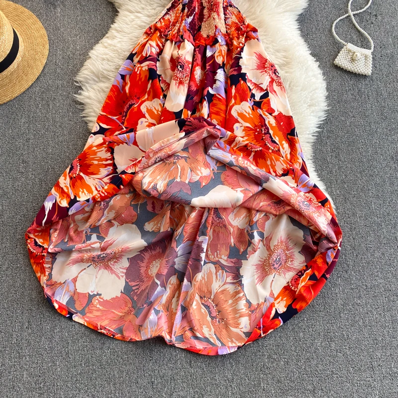 

Women Retro Print Long Dress Korean Short Sleeve O-Neck A-line Dresses Summer Bohemian Print Vacation Dress 2021