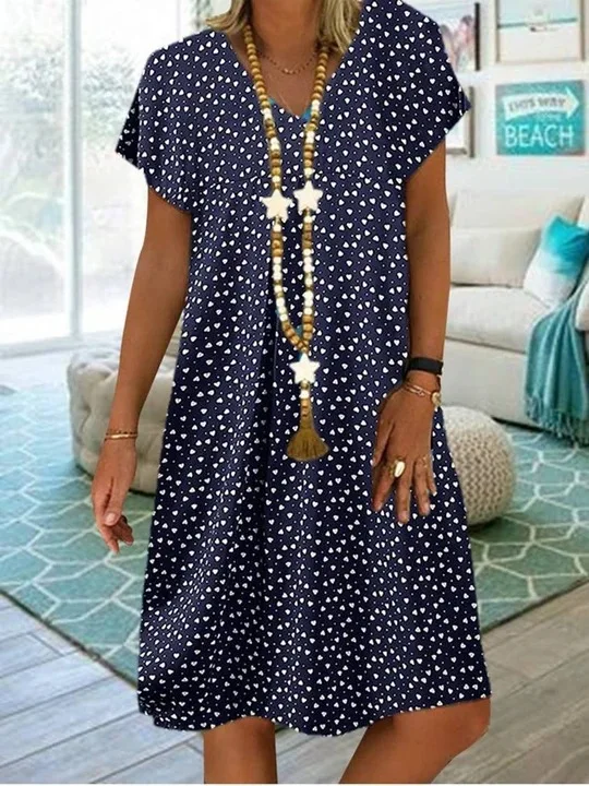 Womens Loose Casual Dress 2020 Summer Short Sleeve Heart Printed Dresses Plus Size V Neck Wave Point Beach Party Women | Женская одежда
