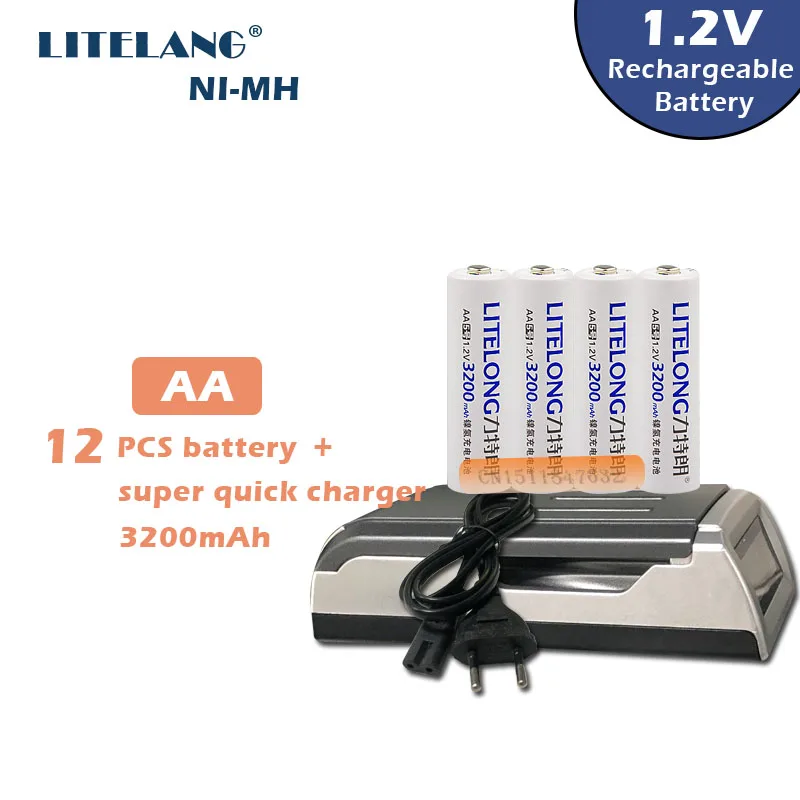4 перезаряжаемых аккумулятора AA 3200 мАч Ni MH + интеллектуальных зарядных устройства