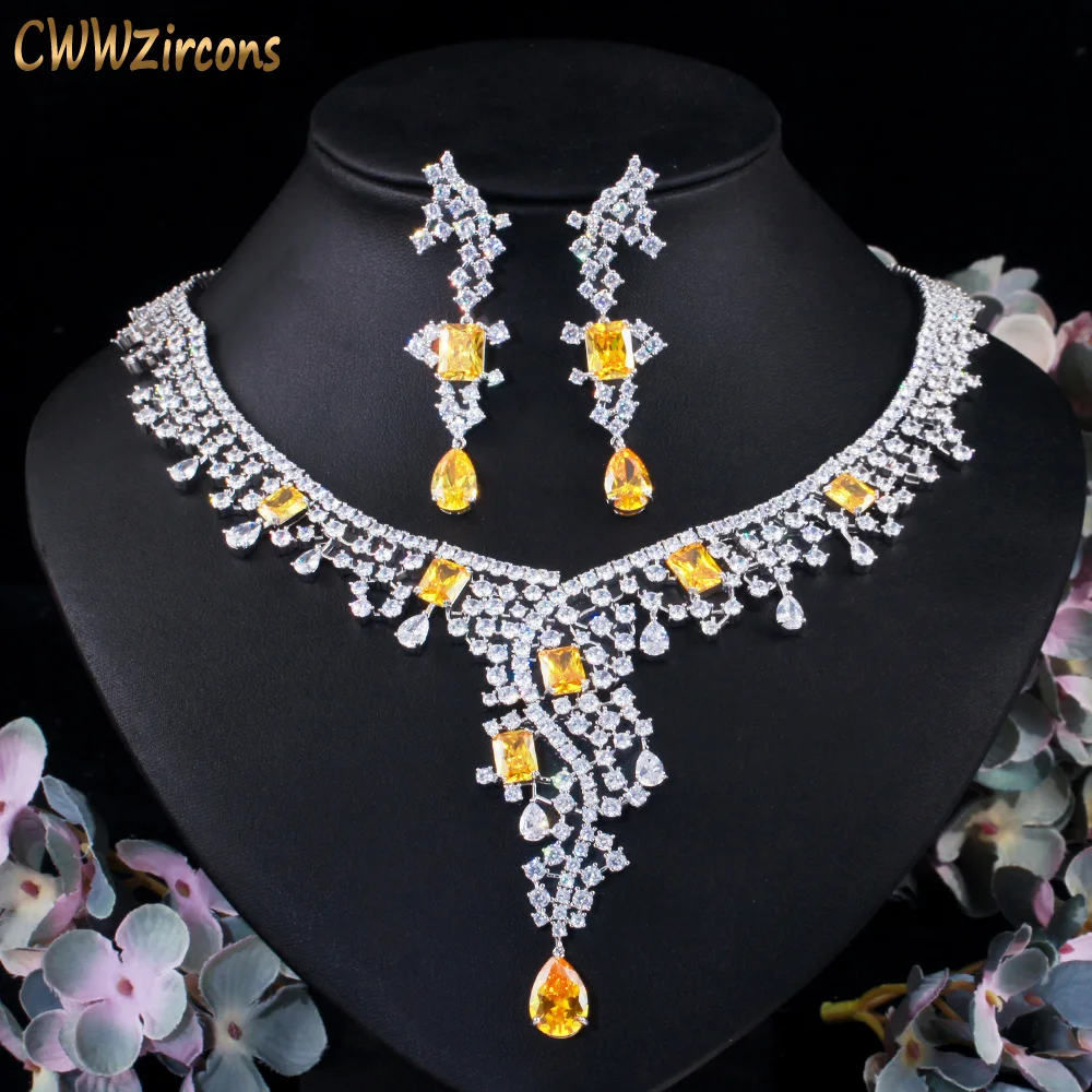 

CWWZircons Shiny Yellow Cubic Zirconia Pave Women Party Wedding Big Necklace Earring Luxury Statement Bridal Jewelry Sets T512