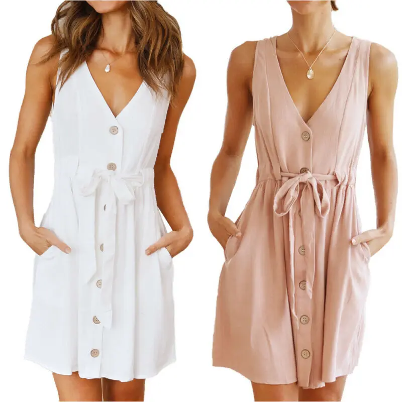 

Платье женское на пуговицах с глубоким V-образным вырезом, модная рубашка без рукавов, с карманами и кулиской, однотонное пляжное на бретеля...