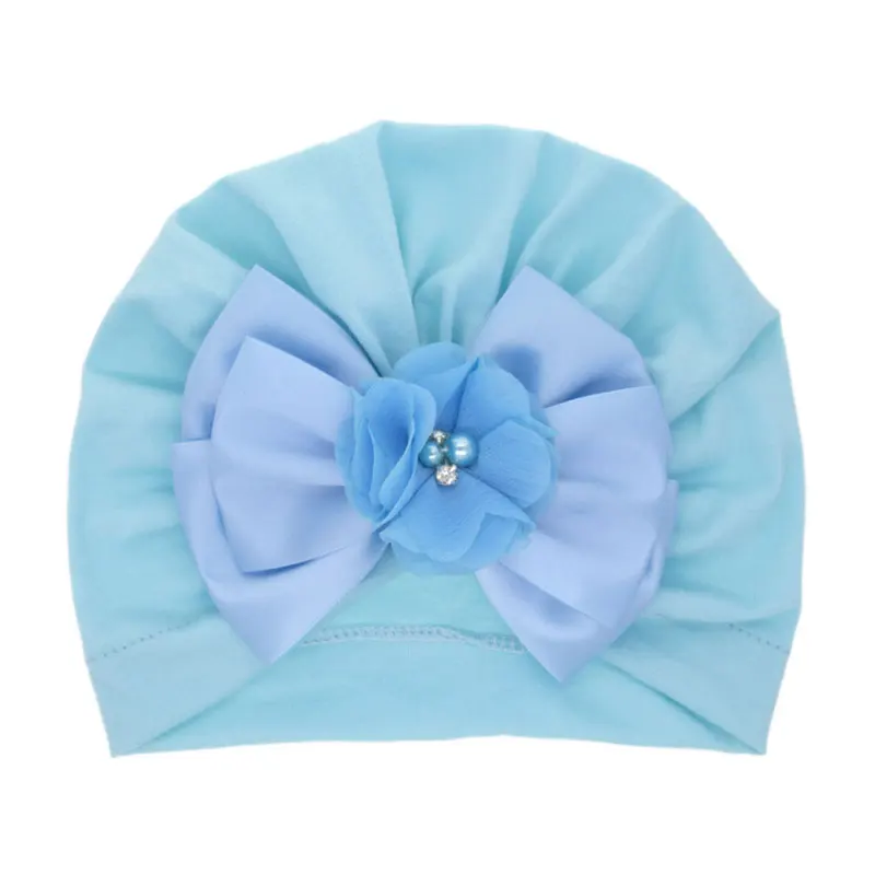 

Newborn Baby Solid Color Pearl Bows Elastic Turban Kids Beanie Hat Infant Bowknots Caps Fashion Headwear