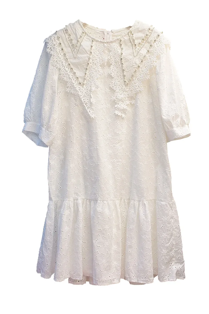 

Sweet Beading Lace Hollow-out Print Peter Pan Collar Embroidered Ruffled Dress for Women 2021 New Puff Sleeve A- Line Dress
