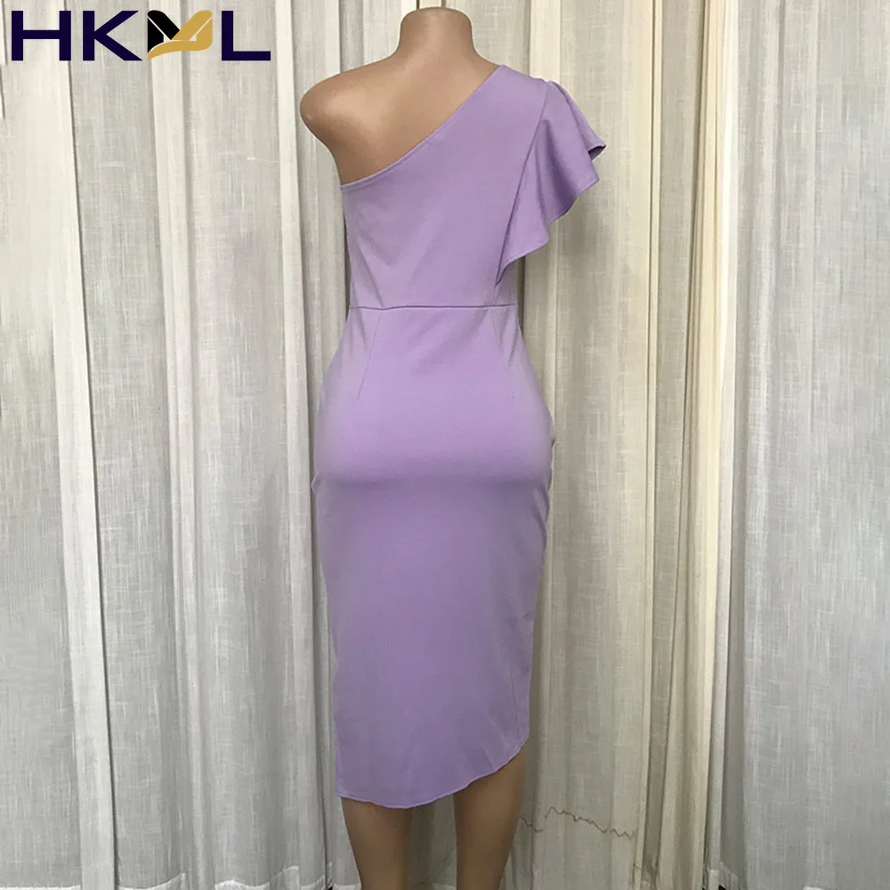 

Summer Europe America Commute Solid Color One Shoulder Ruffle Split Fok High Waist Temperament Dress 2021 New