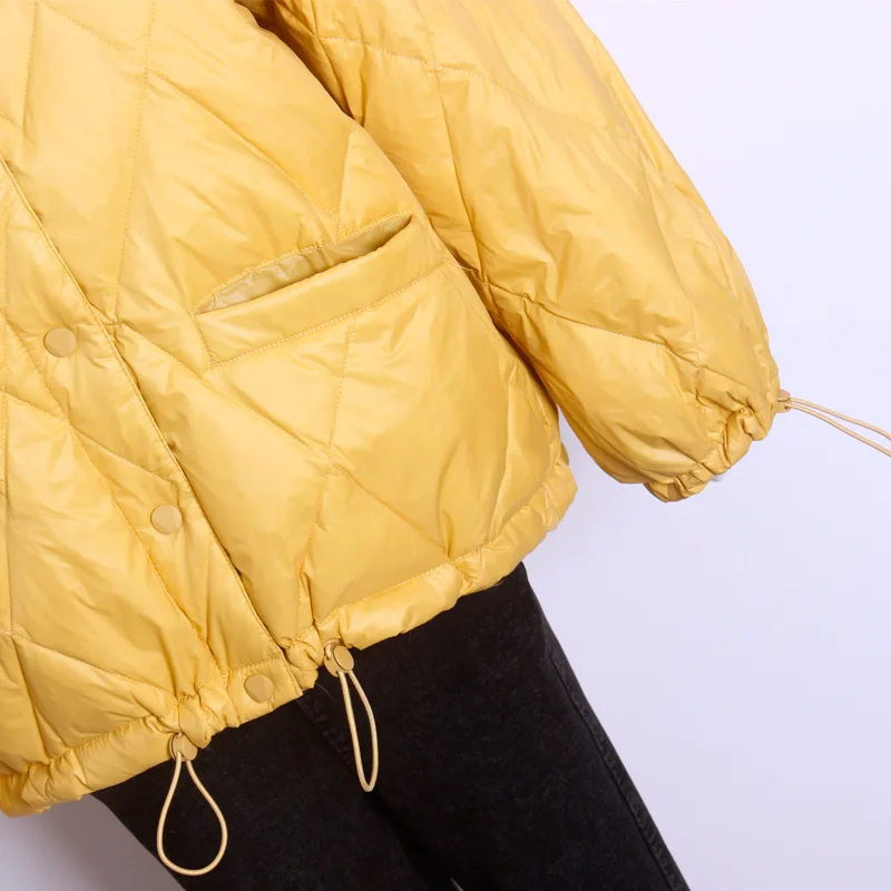 

New style down jacket short stand-up collar large size European and American style big pocket diamond grid bread jacket women
