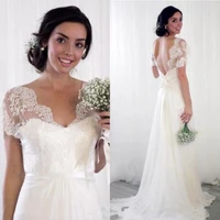 2020 charming lace boho wedding dresses short sleeve beach appliques bridal gown bohemian open back wedding gowns