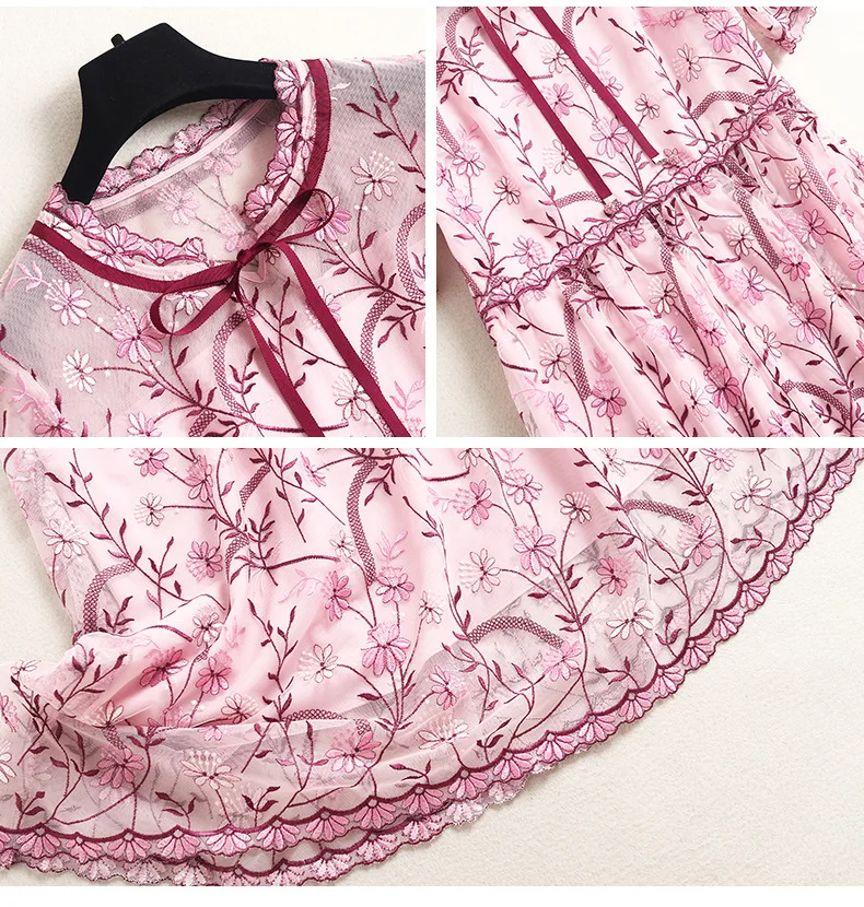 

Women's Runway Dresses O Neck Short Sleeves Embroidery Ruffles Lace Up Bow Fashion Vestido Mid Dress