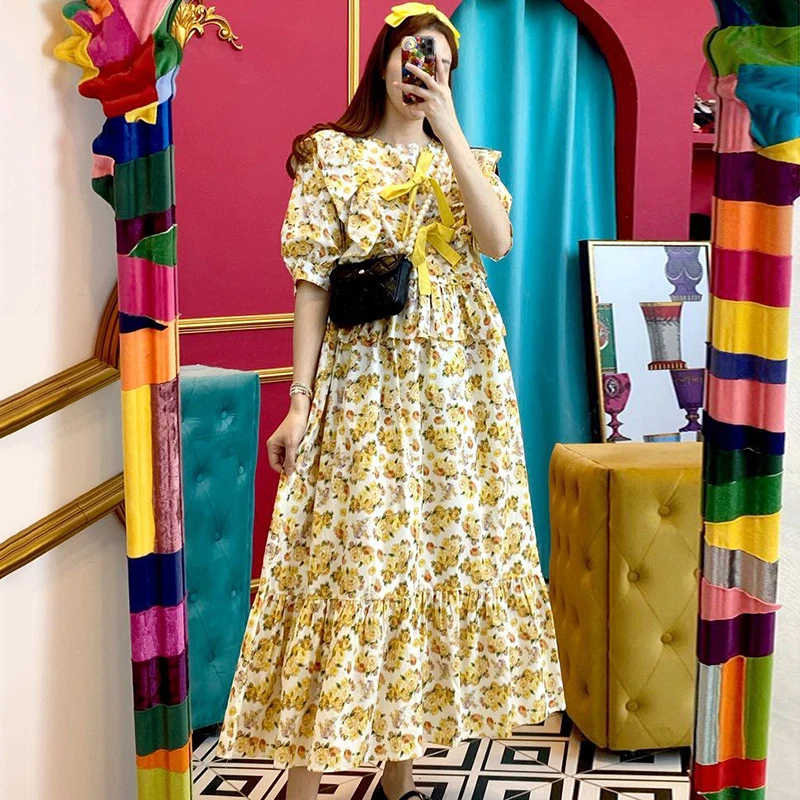 

Korejpaa Women Dress 2021 Summer Korean Chic Girls Fresh Floral Round Neck Bow Decoration Loose Puff Sleeve Hem Ruffle Vestidos