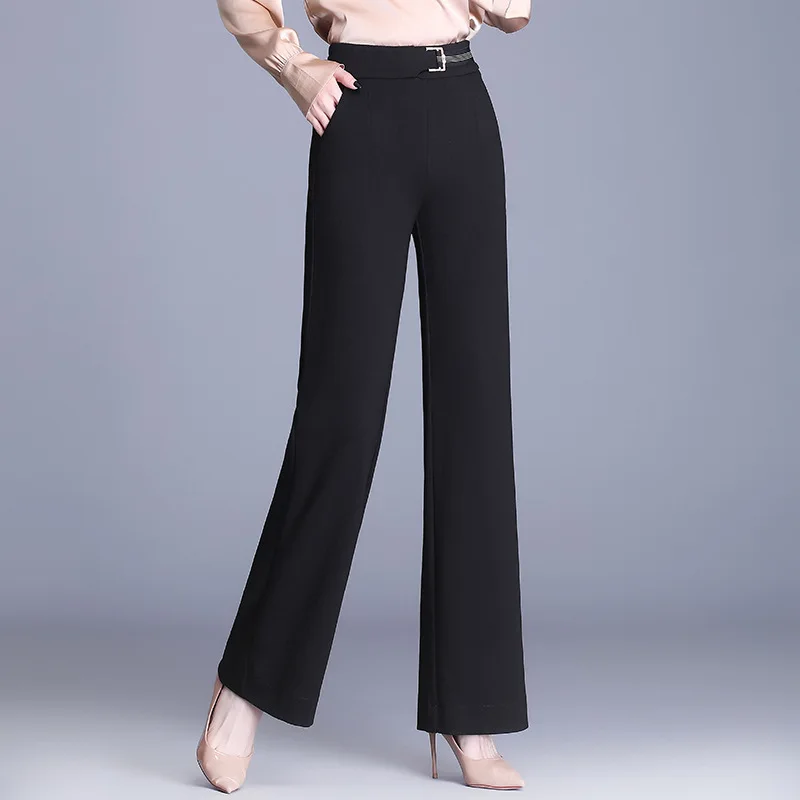 

Элегантные прямые брюки с высокой талией, цвета хаки, черные, новинка 2021, женские офисные брюки в полную длину с широкими штанинами, женская ...