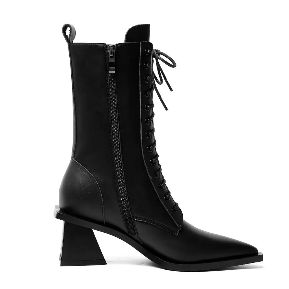 Harga MORAZORA 2021 Obral Besar Sepatu Bot Pergelangan Kaki Musim Gugur Musim Dingin Sepatu Bot Wanita Ujung Lancip Berenda Mode Sepatu Warna Solid Kulit Asli Wanita