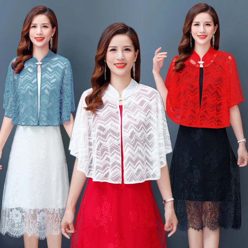 

Short transparent lace shawl cloak top loose cardigan women Summer hollow out half batwing sleeve smock vintage buckle coat 2020