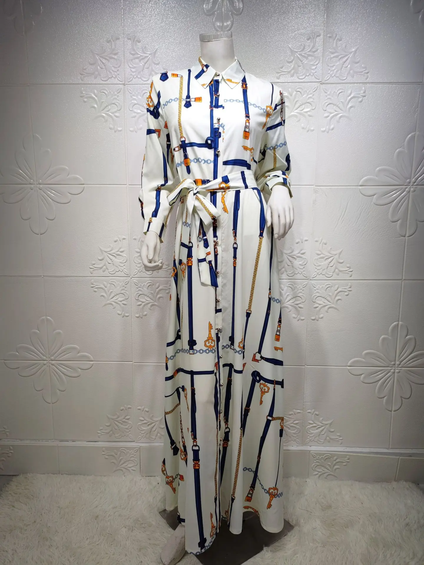 Chain Print Long Shirt Dresses for Women Muslim Dress Abaya Dubai Turkey Arabic Oman African Islam Clothes Lapel Single-breasted