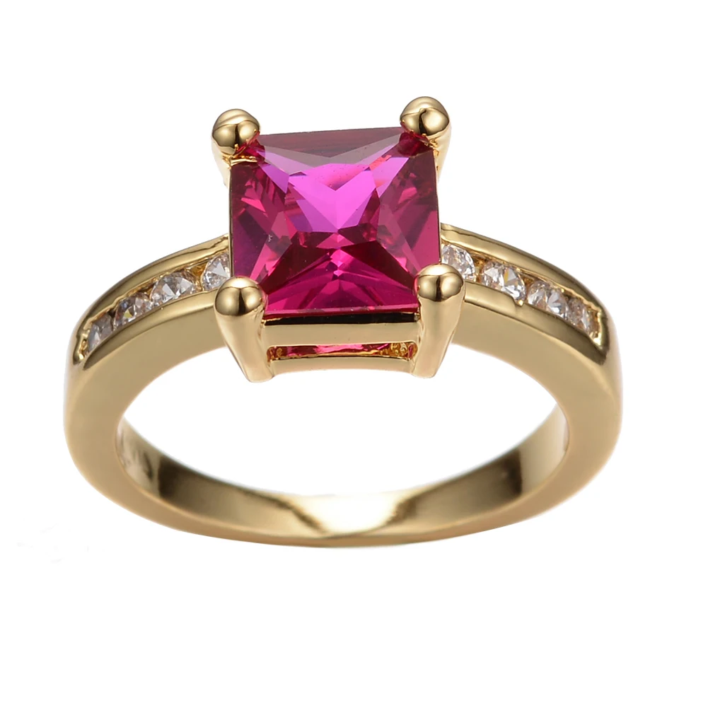 

Simple Female Rose Red Crystal Stone Jewelry Dainty Gold Color Wedding Rings For Women Cute Square Zircon Engagement Thin Ring