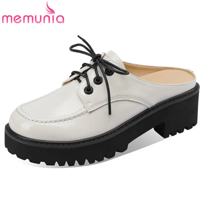 

MEMUNIA 2021 New Arrive Women Slipper Patent Leather Thick Heel Platform Shoes Lace Up Spring Summer Casual Shoes Women Slipper