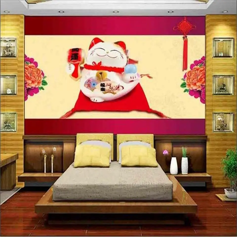 

custom 3d photo wallpaper living room bed room mural Fortune Cat peony Chinese knot picture sofa backdrop wallpaper for wall 3d