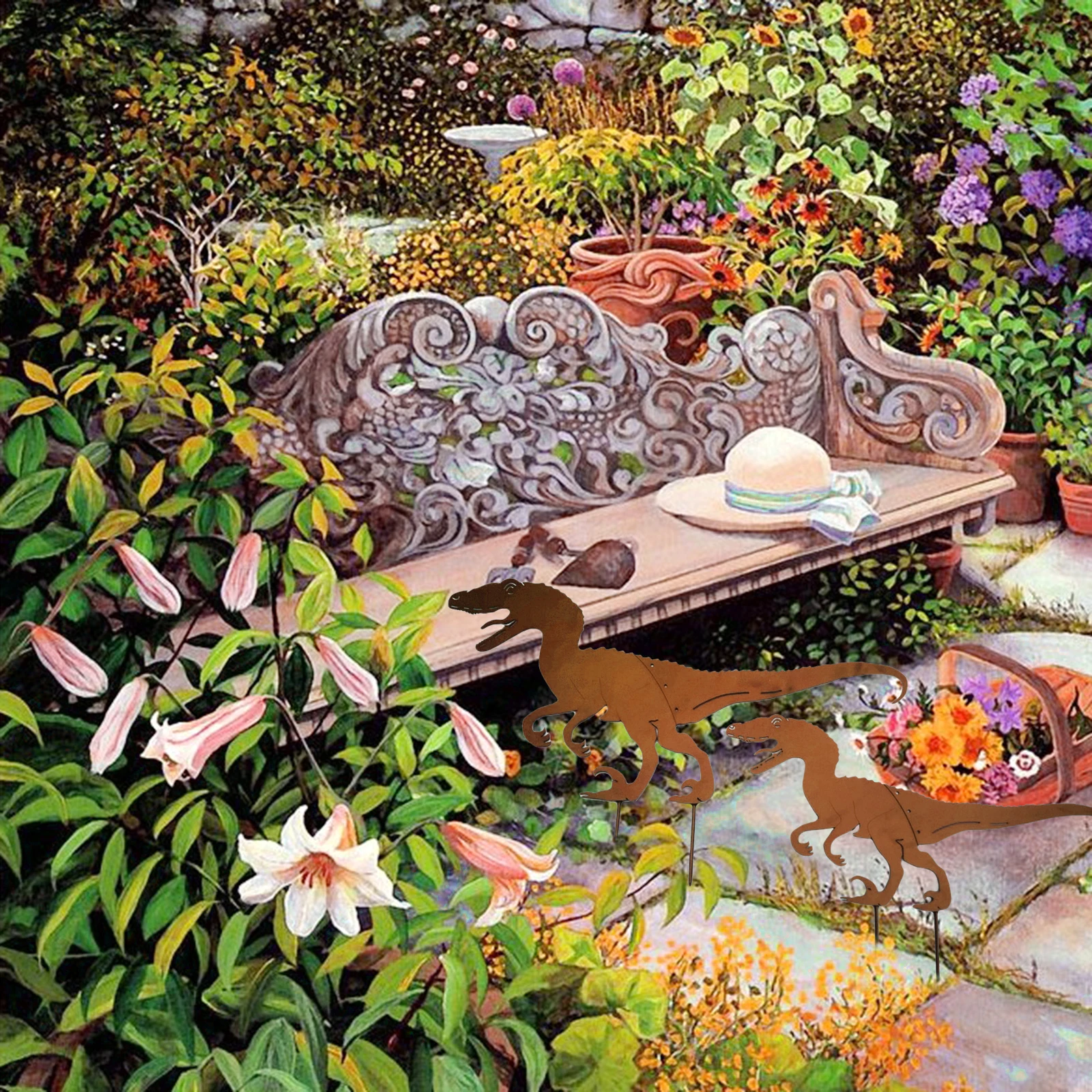 Силуэт динозавра металлический садовый колышек украшения для сада набор из 2