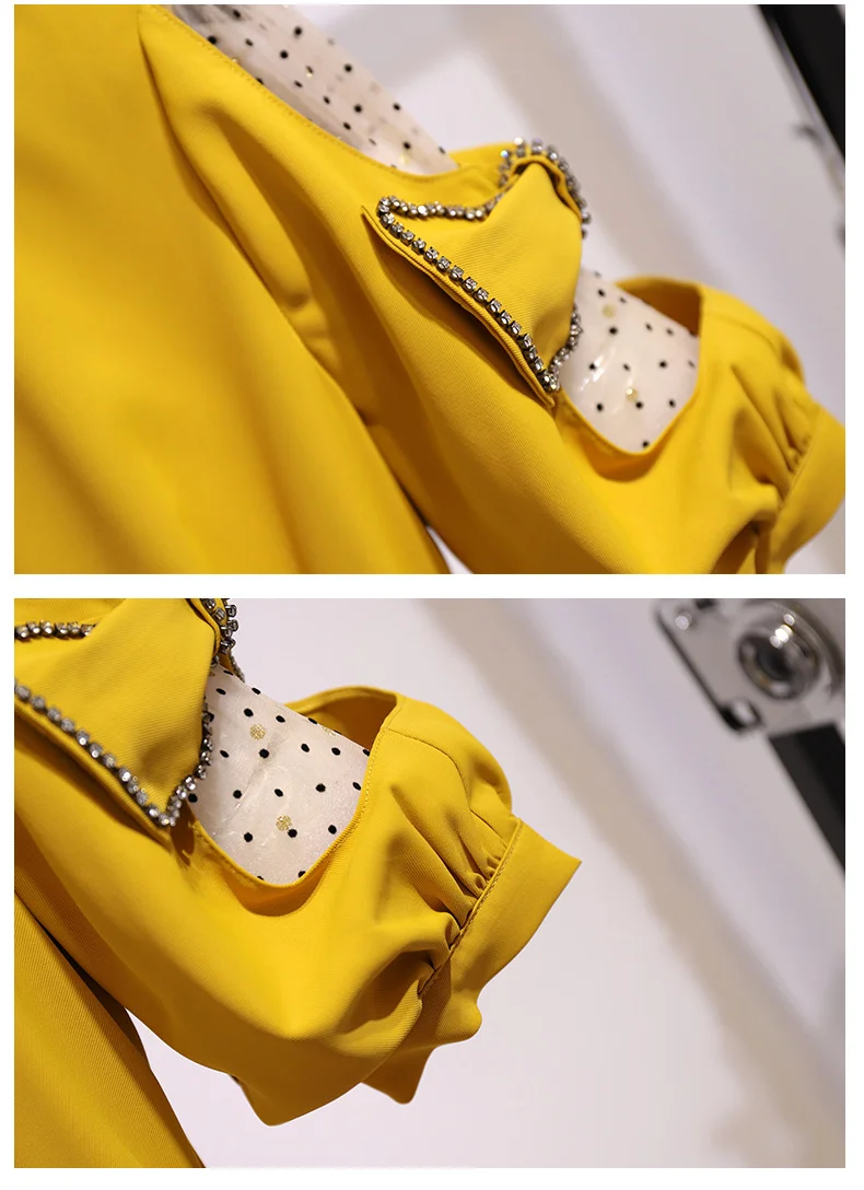 

Summer New Stand collar Dot Mesh Flocking Beaded Bowknot Lantern sleeve Cute Dress Elegant Office Lady Casual Dress