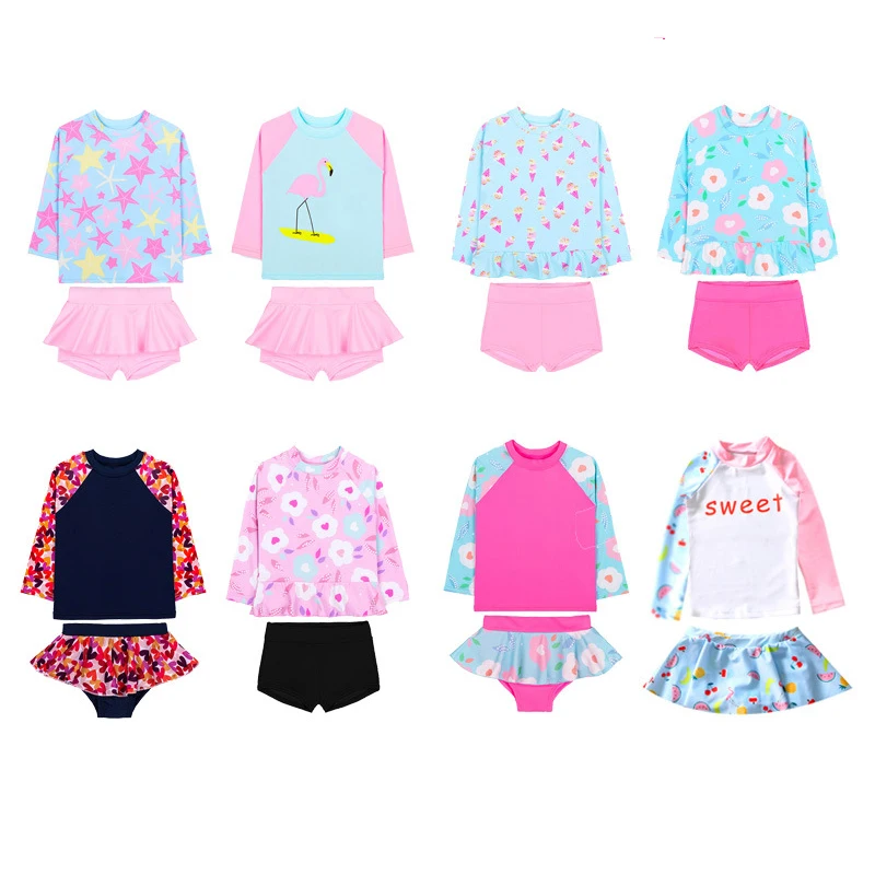 

2020 Kids Girl Swimsuit Two Piece Little Girl Long Sleeve UPF50+ Rash Guard Swimwear Children Bikini Sets UV Protective Sunsuit