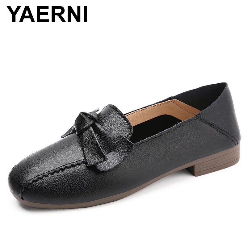 

YAERNI Spring and Autumn Mom Leather Shoes Leather Soft Soled Flats Comfortable Bow Tendon Sole Shoes Women's Doug Shoes Soft