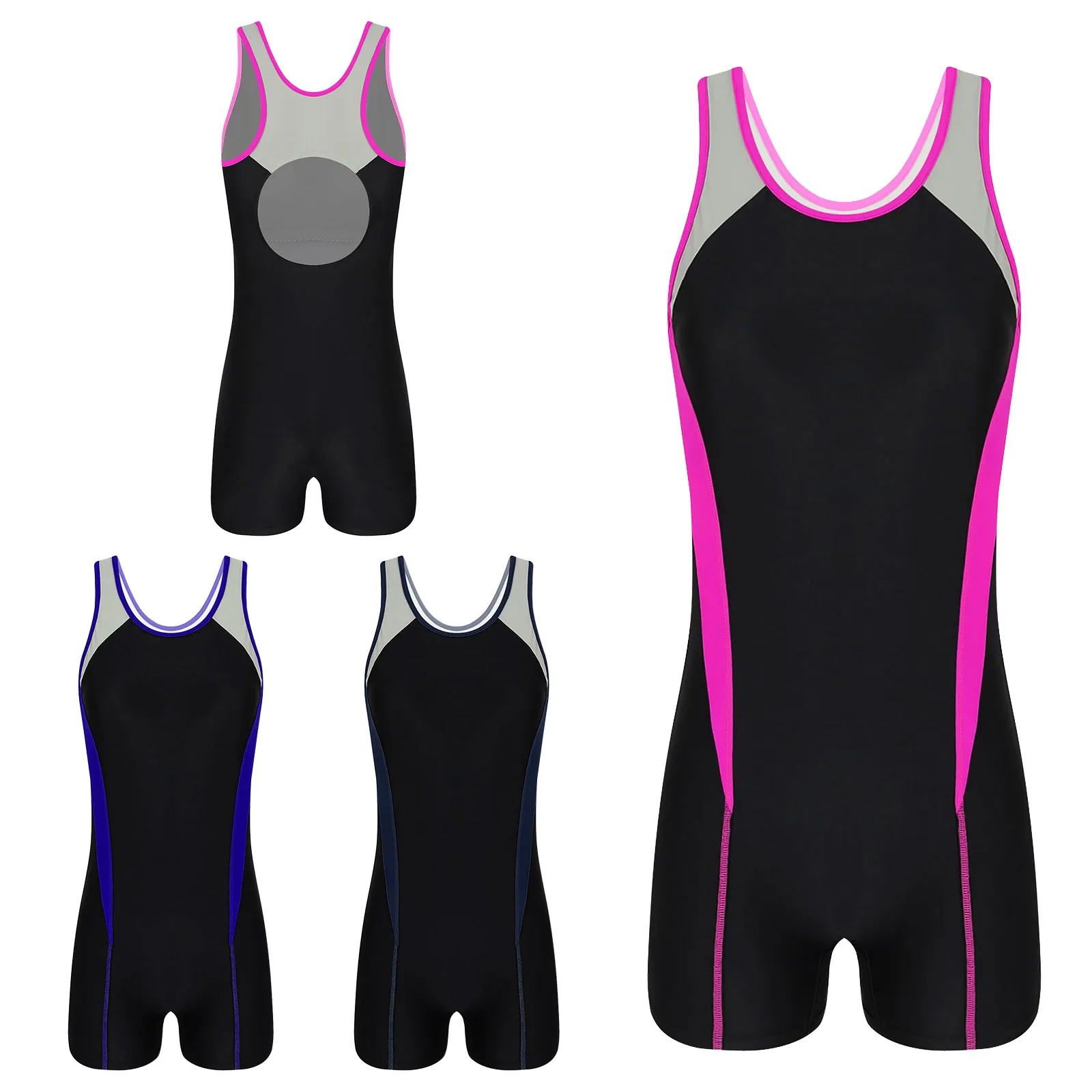 

TiaoBug Women One-piece Swimsuit Color Block Sleeveless Bodysuit Back Hollow Out Swimwear For Swimming Surfing Triathlon