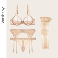 varsbaby new sexy transparent brasgarterspantiesstockings 4 pcs underwear yarn 34 cup bra set for women