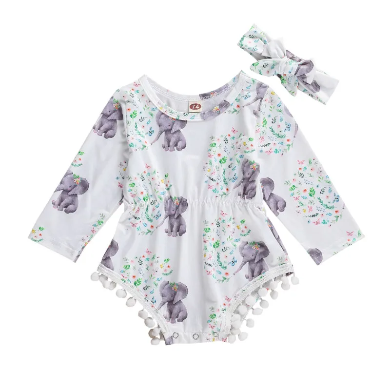 

Newborn Baby Girls 2 Piece Sets, Round Neck Long Sleeve Cartoon Printed Romper with Headband Outfit Clothes