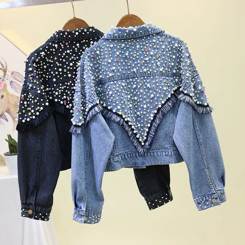 Женская джинсовая куртка Harajuku осенняя с длинным рукавом и жемчужинами для
