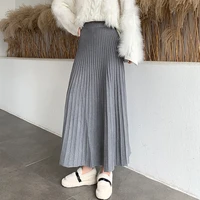 high quality winter knitted skirt women big swing long skirts elegant solid a line pleated ankle length thickened warm skirts