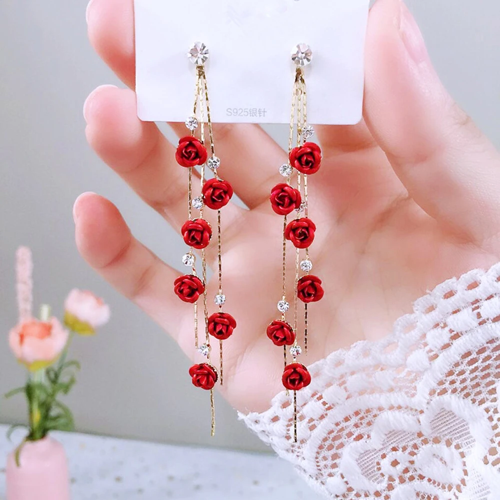 

Fashion Rose Petal Drop Earrings for Women Bijoux Blue White long tassel Dangle Earrings Weddings Party Jewelry Accessories Gift