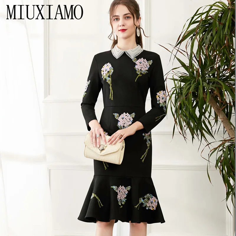 MIUXIMAO 2021 Весна-Осень женское новейшее платье с цветочной вышивкой бусинами с девять рукавами платье принцессы рыбий хвост до колена