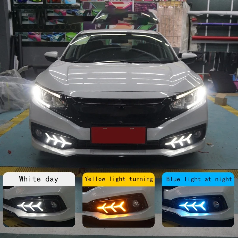 

Дневные ходовые огни со светодиодными дневными ходовыми огнями и поворотником Fishbone, трехцветный передний бампер для Honda Civic 2019-2020