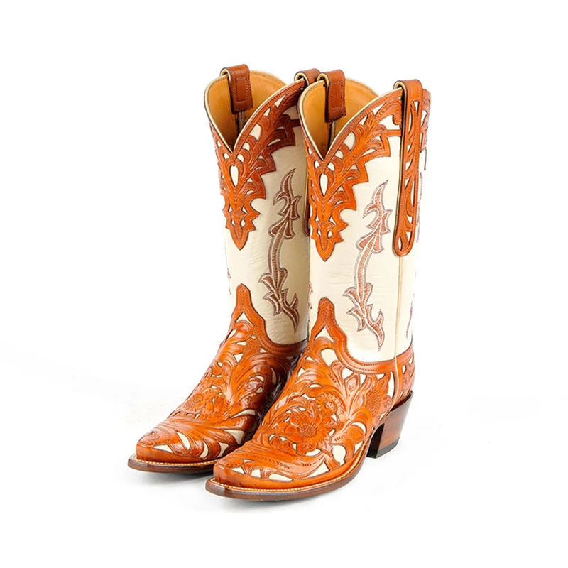 Prowow women western cowboy boots genuine leather designer handmade fretwork patchwork high heels corral mid-calf ladies | Обувь