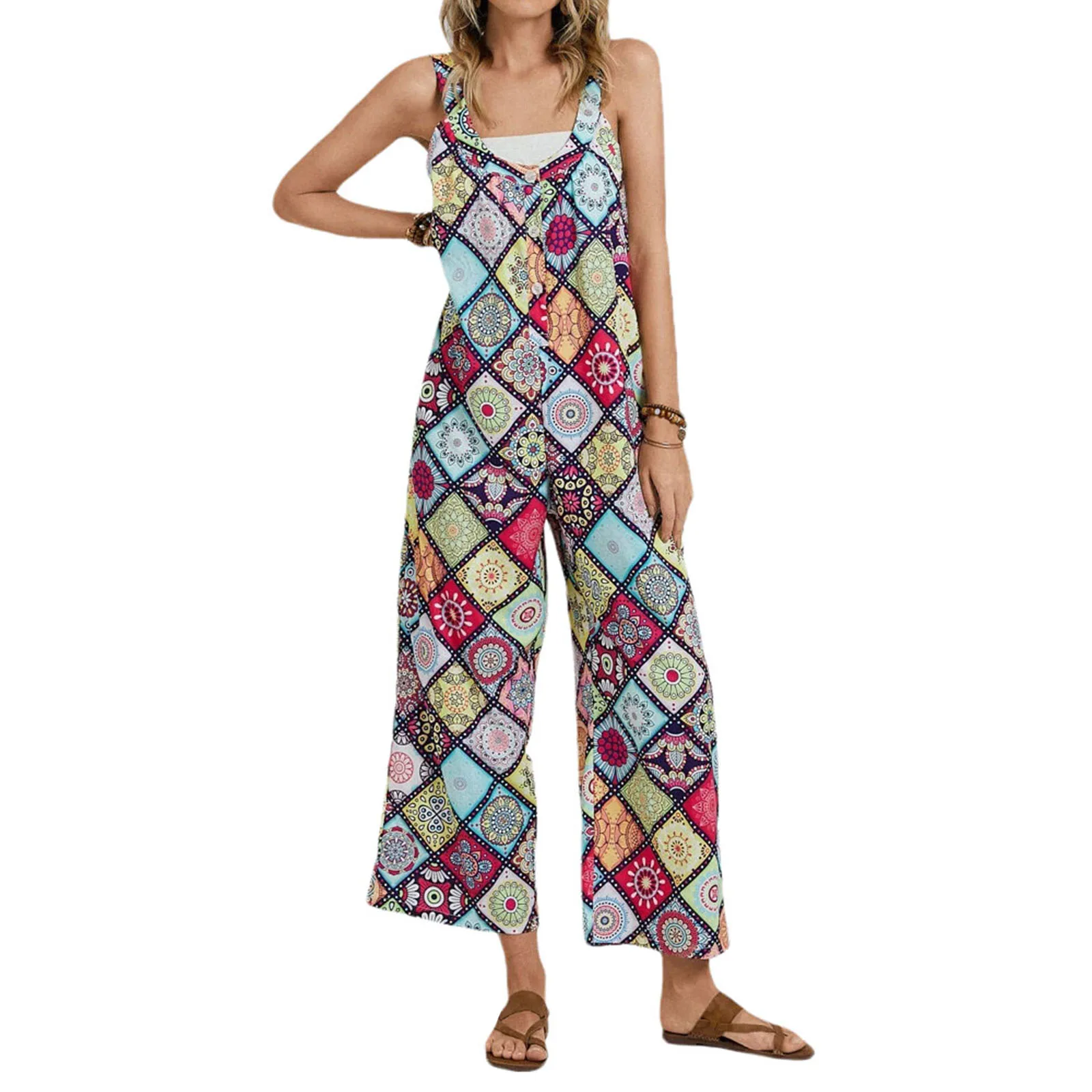 

Женский свободный комбинезон, U-образный воротник без рукавов с принтом