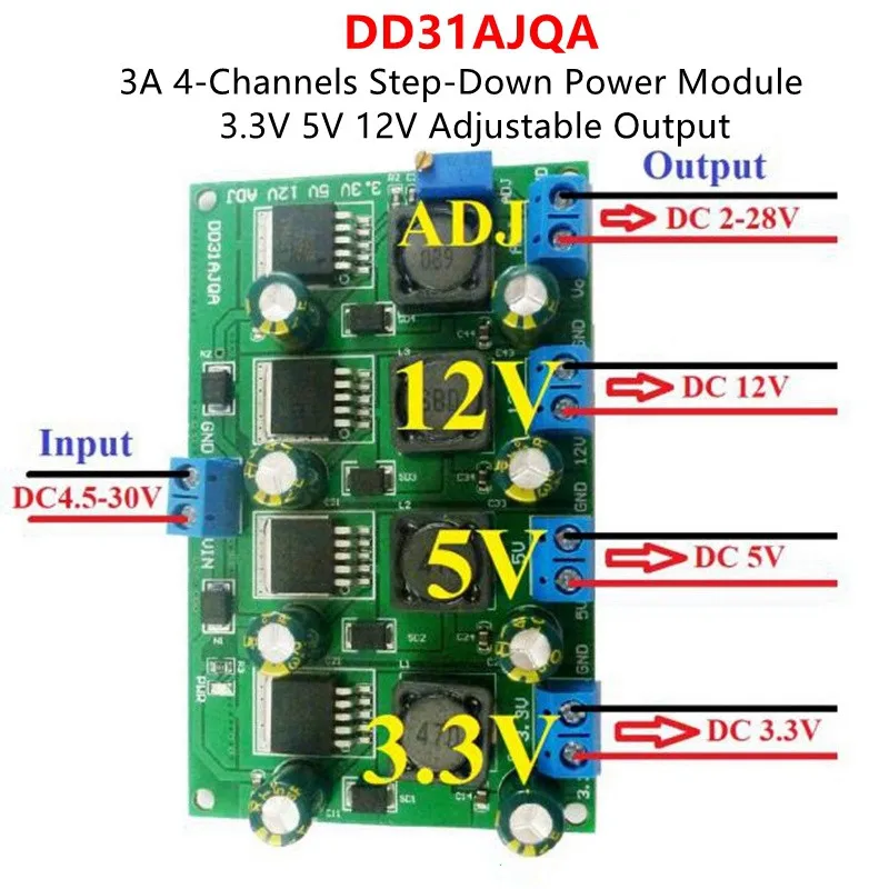 

Power Supply Module 3A 4 Channels Multiple Switching 4.5-30V To 3.3V 5V 12V ADJ Adjustable Output DC DC Step-Down Buck Converter