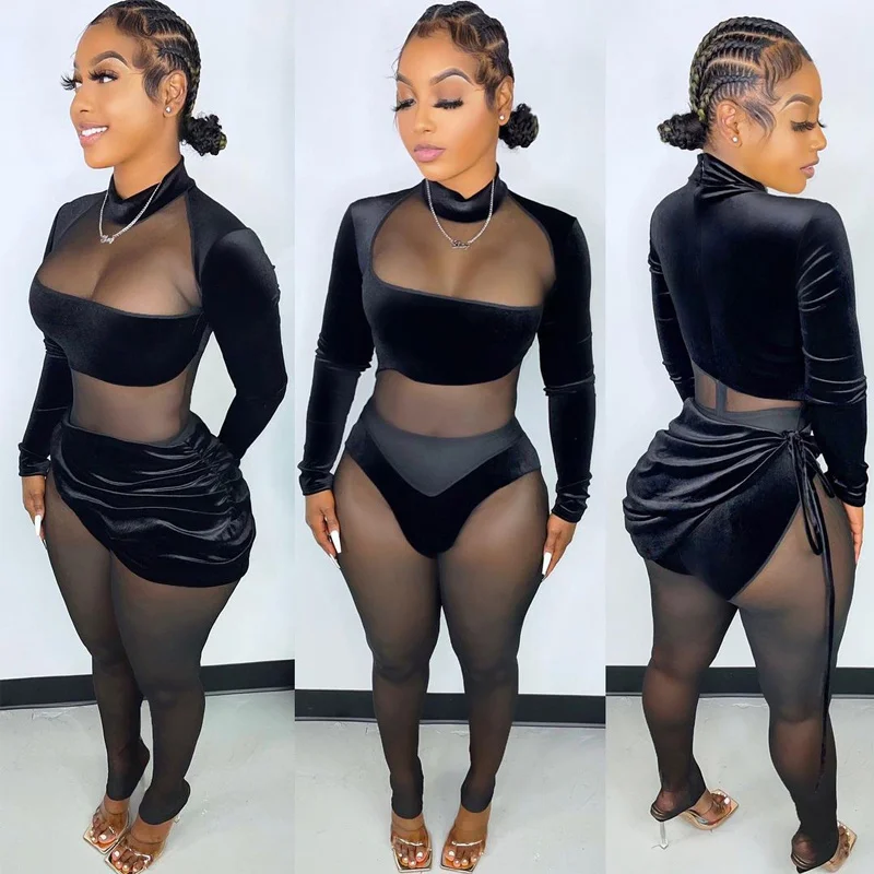 

hirigin Women Long Sleeve Mesh See Through Jumpsuits Drawstring Irregular Mini Skirts 2 Pieces Sexy 2021 Streetwear Club Y2K
