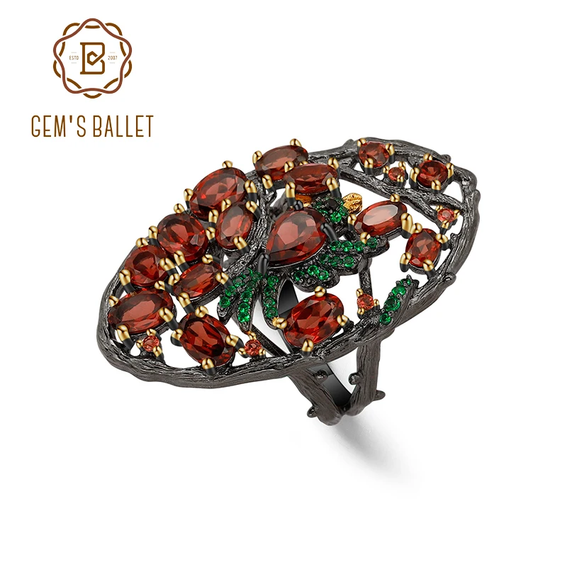 

GEM'S BALLET 925 Sterling Silver Handmade Branches Statement Cocktai Ring Natural Red Garnet Flower Bird Rings for Women Jewelry