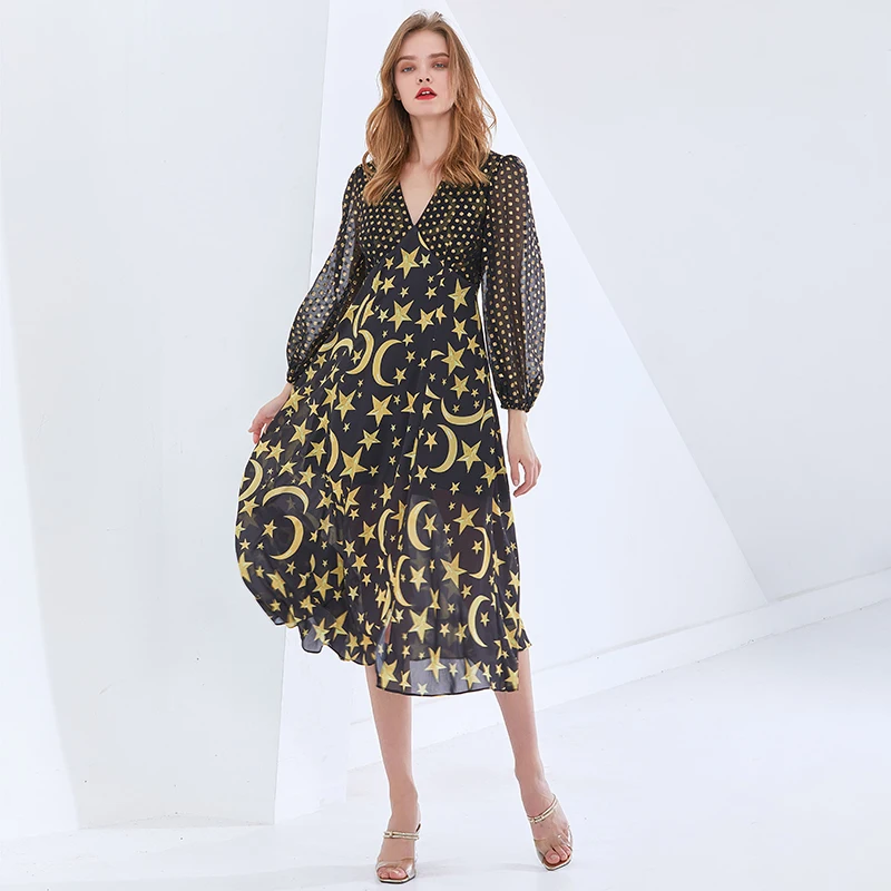 

TWOTWINSTYLE Hit Color Spring Dress For Women V Neck Lantern Long Sleeve High Waist Print Midi Dresses Female Fashion New Tide