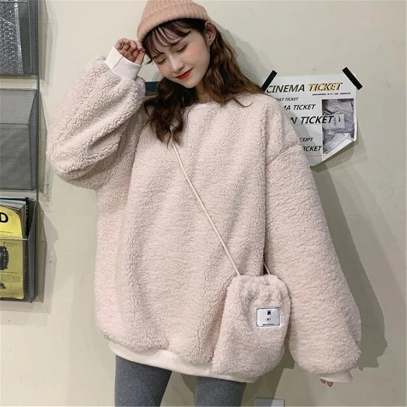 

Imitated Lamb Wool Hoody Women's 2020 Autumn Winter Fashion New Lazy Style Loose And Thick Round Neck Pullover Top Trendy