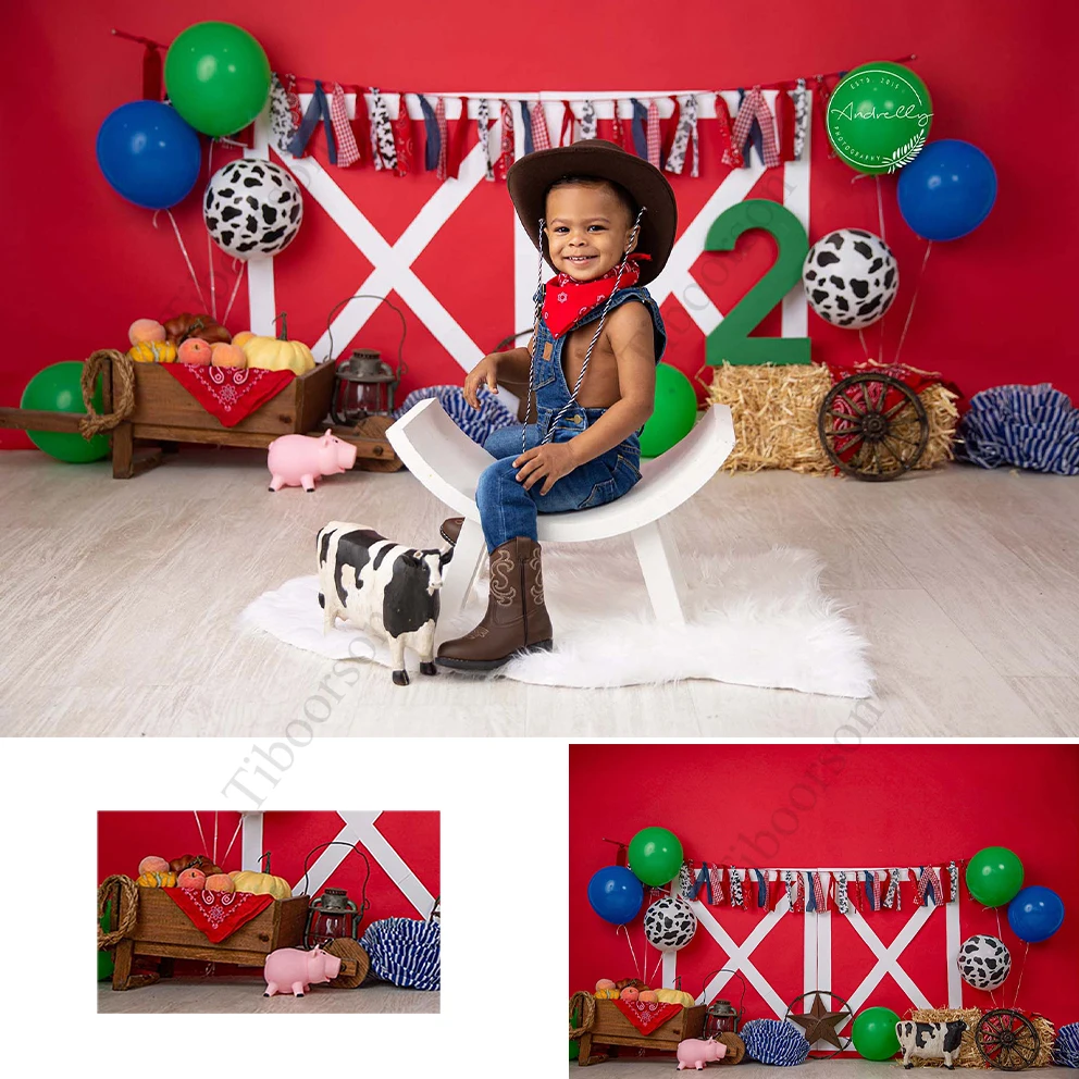 

Baby Shower Summer Farm Photography Backdrops Colorful Balloons Child One Year Old Red Background Props Photo Studio