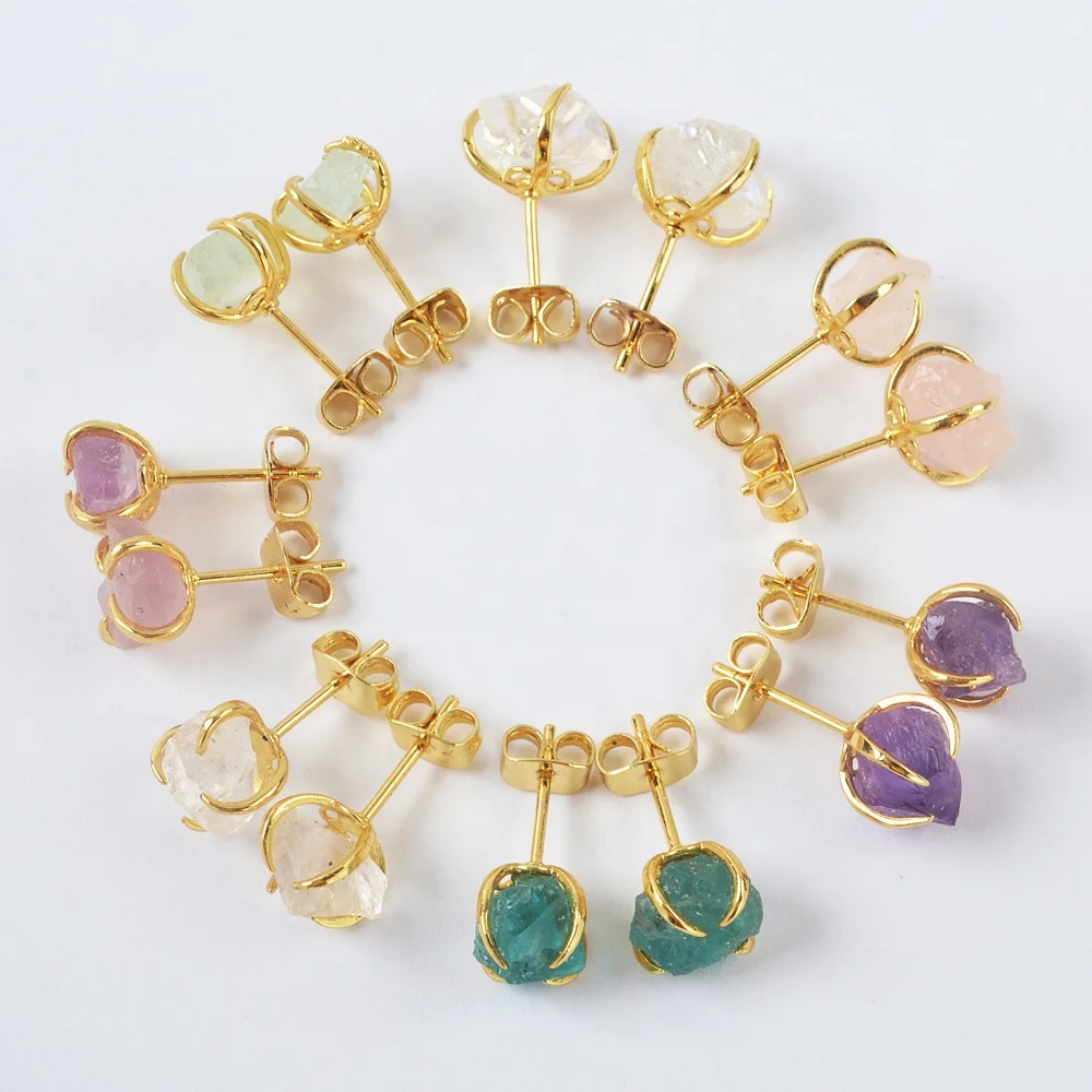 BOROSA Raw Crystal Gold Claw Stud Earrings Colorful Natural Stone Quartz Amethysts Earrings for Women Gems Earrings ZG0446