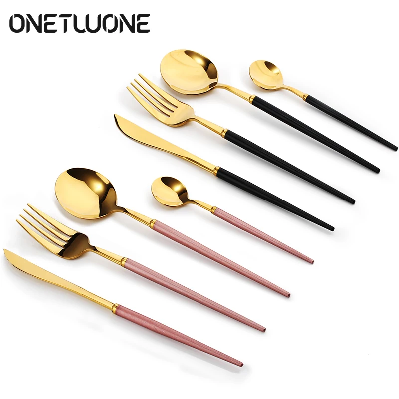 24 шт./компл. набор посуды 304 Нержавеющая сталь черного и золотого цвета столовых